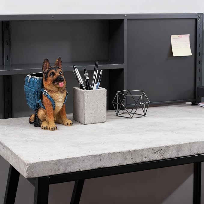 German Shepherd Pen Holder, Office Desk Organizer, Pencil Holder with Backpack, Decorative Resin Dog Statue, Pen Storage for Office, School, Home, Ideal Gift for Dog Lovers (A)