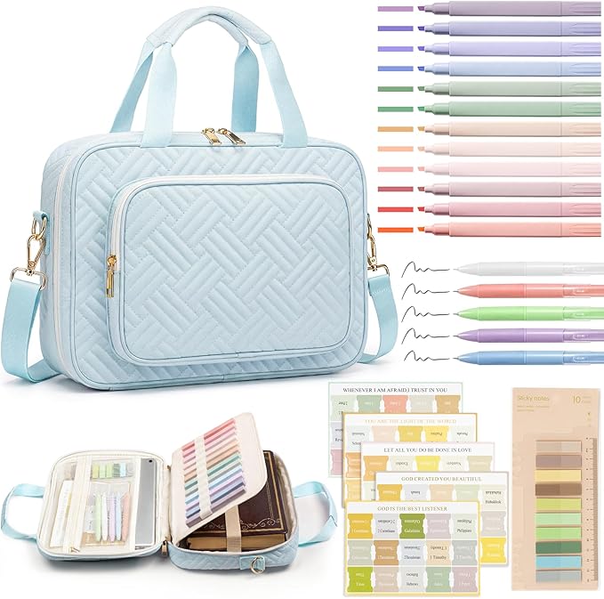 Bible Bag for Women, Large Bible Cover Case with Study Supplies,Girls Carrying Case with Highlighters, Pens, Bible Tabs, Sticky Notes, Christian Gifts for Girls, Mom, Easter Mothers Day Religious Gift