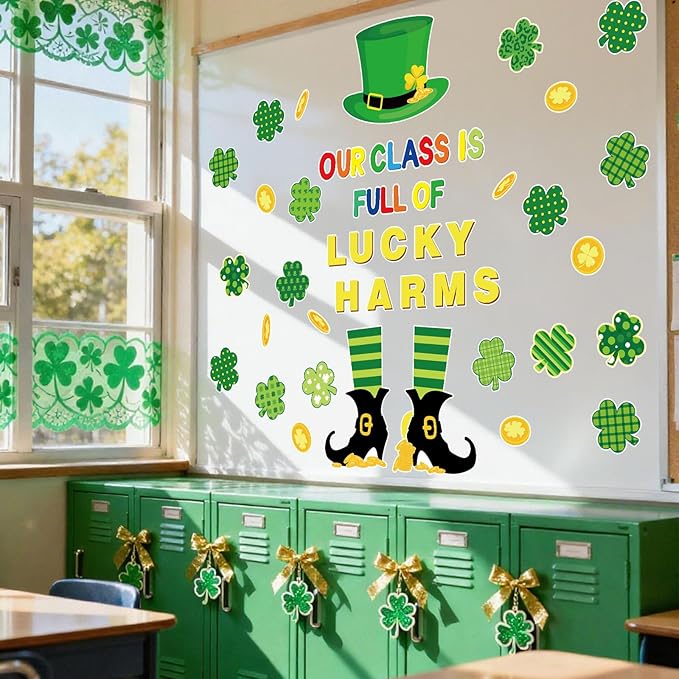 FYSUIMU St. Patrick' s Day Classroom Door Decoration Bulletin Board Set Lucky Clover Shamrock Gold Coin Paper Cutouts for School Classroom Chalkboard Wall Door Welcome Decor