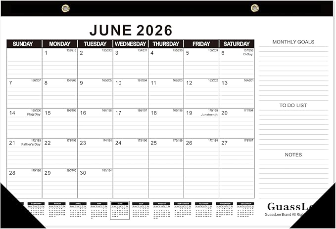 GuassLee Desk Calendar 2026-2027 (Jun. 2026 - Dec. 2027), 19 Months Calendar 17" × 11.5" Desktop Planner with Julian Date, Monthly Goals, Academic To-Do List, for Home, Office, School & Teachers
