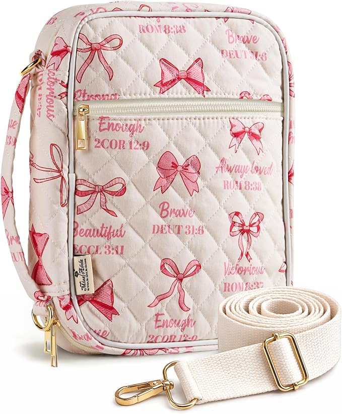 Miss Adola Bible Cover Case for Women - Quilted Bible Carrying Case Organizer Study Bag with Zipper Handle and Shoulder Strap Bows Book Cover for Teen Girls