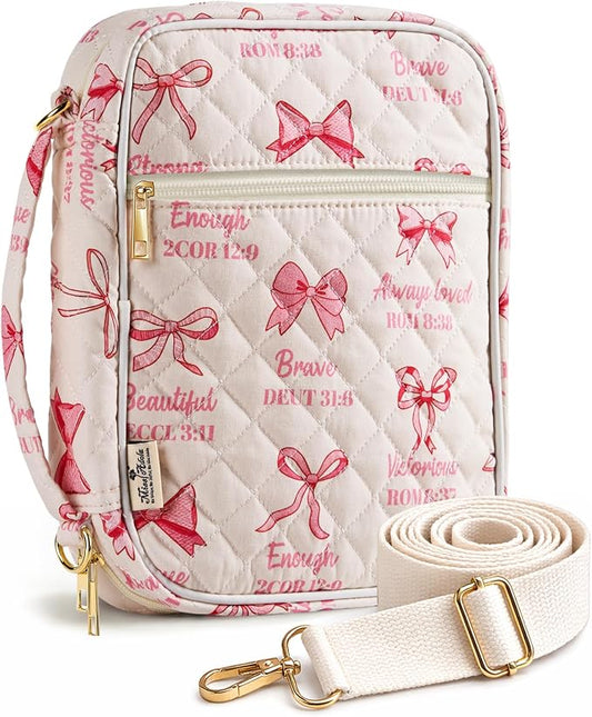 Miss Adola Bible Cover Case for Women - Quilted Bible Carrying Case Organizer Study Bag with Zipper Handle and Shoulder Strap Bows Book Cover for Teen Girls