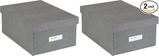 Bigso Karin KD Collapsible Storage Box with Labelframe for Easy Identification - Simple Assembly without Tools - Decorative Storage Boxes with Lids - 8.9in x 12.4in x 5.4in - Light Gray (Pack of 2)