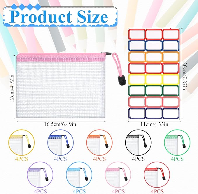 36 Pcs Mesh Zipper Pouch, 4.7x6.5 inch Waterproof Zip Mesh Bags with 2 Sheets Colored Stickers 9 Colors Plastic Water-Resistant File Bags Zipper Bag for Office Supplies Travel Storage