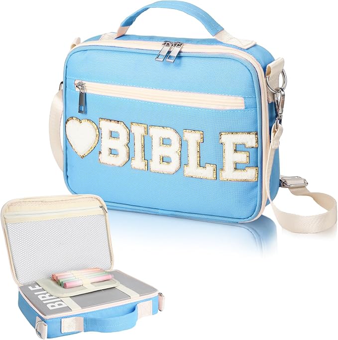 Silkfly Blue Bible Cover Case Preppy Large Chenille Letter Church Bag with Shoulder Strap Handle Back to School Gifts Waterproof Christian Tote Bag for Women Teacher Bible Accessories