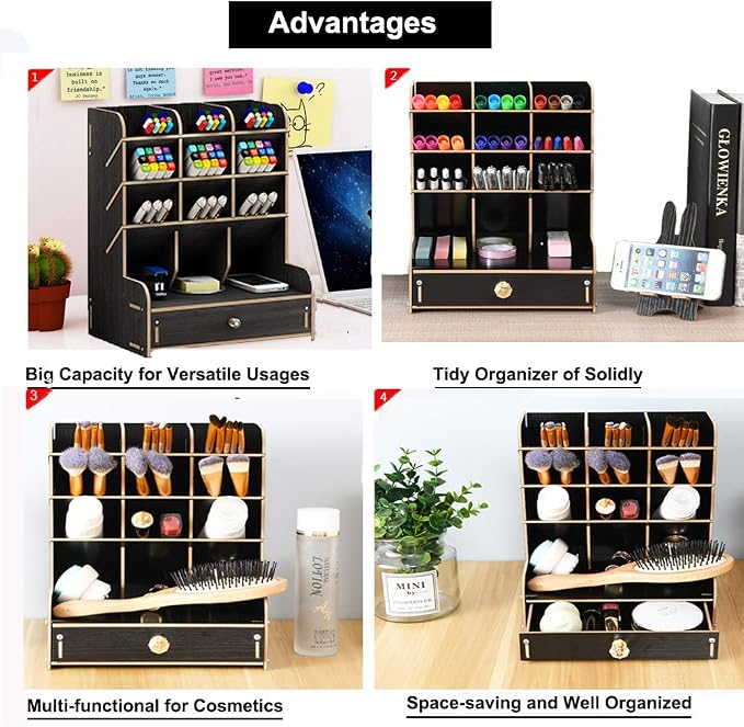 Marbrasse Wooden Desk Organizer, Multi-Functional DIY Pen Holder, Organizer for desk, Desktop Stationary, Easy Assembly, Home Office Art Supplies Storage with Drawer (B11-Black)