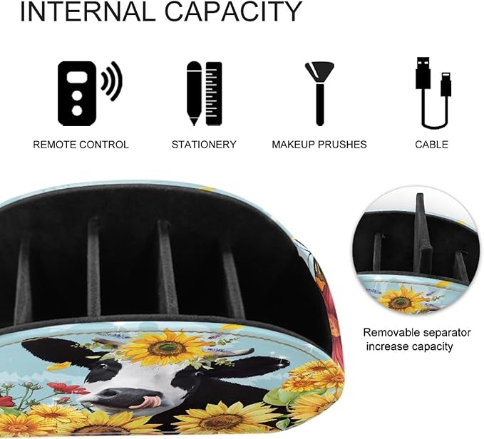 FUSURIRE Sunflower Cow Print Remote Control Holders with 5 Compartment,PU Leather Desk Organizer Box Caddy Office Storage Supplies Fashion Remote Holders Valentine's Day Decor for TV, DVD