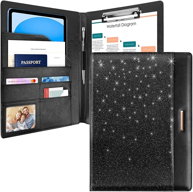 Glitter Padfolio/Resume Portfolio Folder for Women Men, WAVEYU Cute Chic Padfolio Cover Folder, Conference/Legal Document Organizer with Letter/A4 Size Clipboard, Document Sleeve, Black