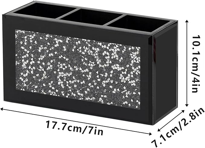 SHYFOY Remote Control Holder, 3 Compartments Glass TV Remoter Caddy Crushed Diamond Desktop Organizer Makeup Brush Holder Storage Fits TV Remotes, Media Controllers, Office Supplies(Black)