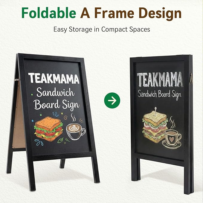 TEAKMAMA A Frame Chalkboard Sign, 40"x20" Extra Large Chalk Board Double-Sided Sidewalk Sign Sturdy Sandwich Menu Board for Restaurant Coffee Shop and Wedding, Black