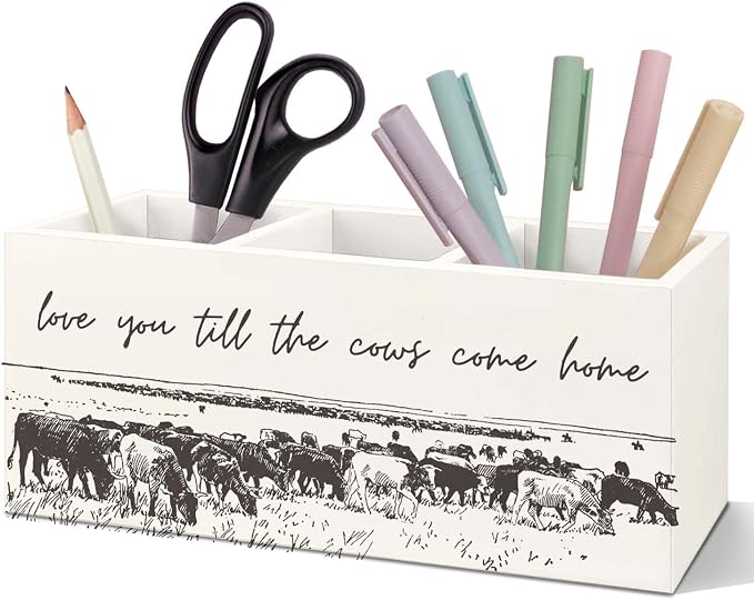 SNNDER Farmhouse Country Cow Pen Holder for Desk, Love You Till the Cows Come Home Wooden Box Sign Desk Decor for Nursery Bedroom Room Tabletop Shelf Decoration, Rustic Western Cow Pencil Organizer
