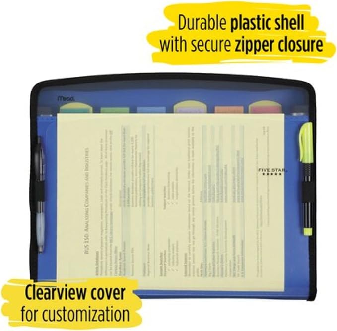 Five Star 7 Pocket Expanding File Organizer, Plastic Expandable File Folders with Customizable Tabs & Clear Cover, Holds 11" x 8-1/2", Zipper Closure, Seaglass Green (72707)