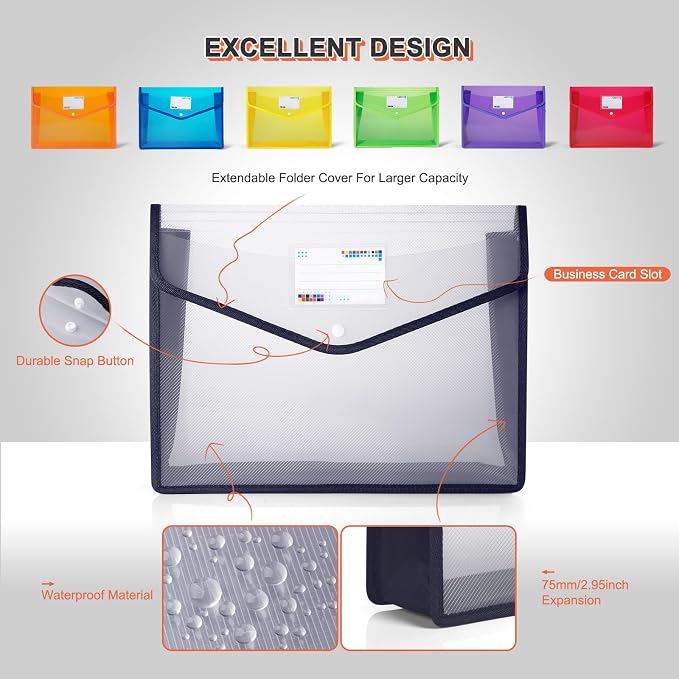 Plastic File Folders, Waterproof Transparent Expandable File Organiser, Portable Large Capacity A4B4 File Wallet for Office Business School (7 Pack)