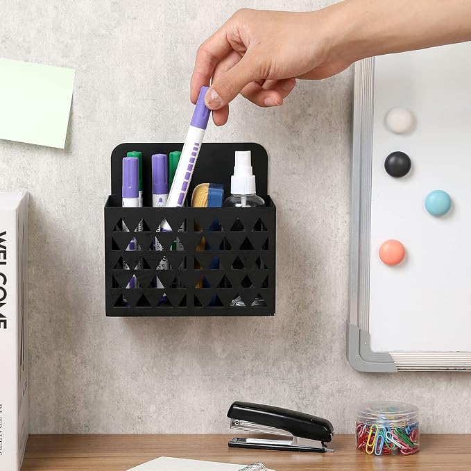 MyGift Dry Erase Marker Holder Wall Mounted with Triangle Cutout Design Modern Black Metal 2 Compartment Office Supplies Storage Bin Organizer, Desktop Pen Pencil Holder