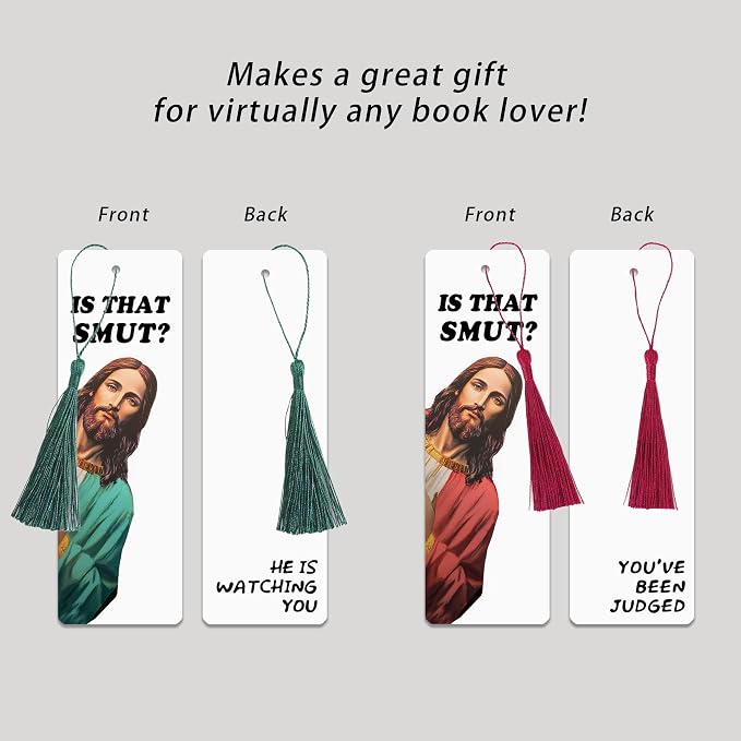 Funny Jesus Bookmark Set “Is That Smut?”, Peeking Jesus Bookmark with Tassel, Humor Bible Reading Accessory for Book Lovers, Novel Readers, Cute Reading Marker Pack of 2 (Red, Green)