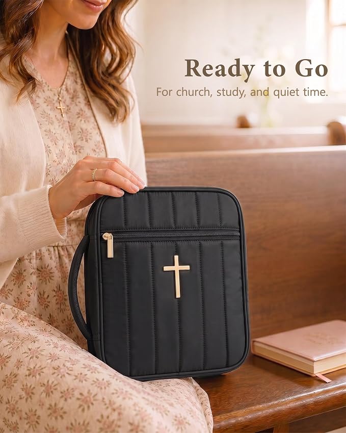 Wuflyover Bible Bag for Women with Study Set, Quilted Bible Cover Case with Handle, Bible Carrying Case for Church, Tabs, Notes, Pens and Highlighters, (Black+Study Accessories)