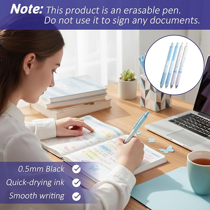 4PCS Retractable Bow Cute Pen, 0.5mm Black Fine Point Gel Pens, Quick-Drying Smooth Pens, Office Supplies for Men and Women (Blue White)