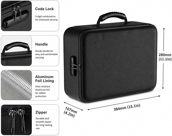 Fireproof Document Box with Lock, 8-Layer Waterproof Fire Resistant Safe Box, Upgraded Heat Insulated Storage Box, Portable Home Travel Organizer for Files, Certificates & Valuables - Black（Soft）