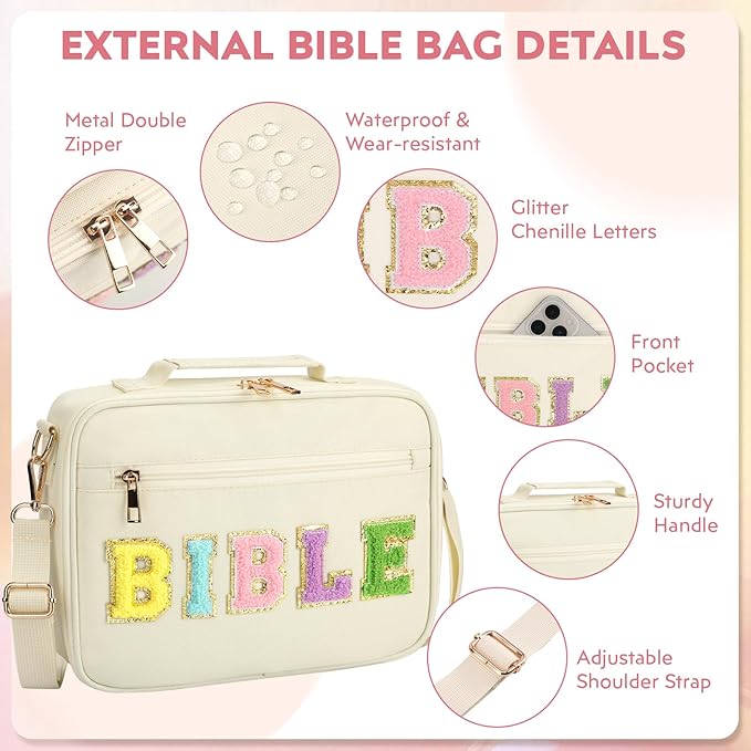 Bible Cover Case for Women Grils, Preppy Bible Bag with Adjustable Shoulder Strap, Waterproof Bible Carrying Tote Bags Holder for Bible Study Supplies Accessories & Christian Gifts (Beige)