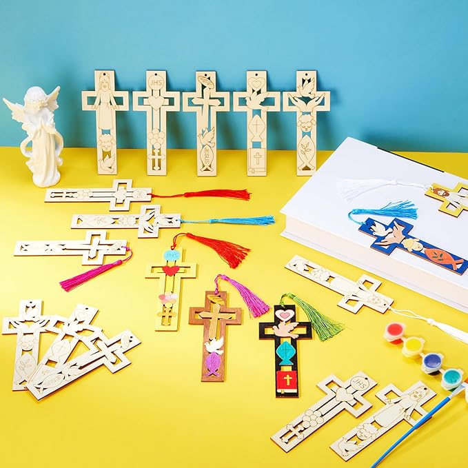 Yexiya 100 Pcs/ 50 Sets Christian Cross Crafts for Kids Wooden Religious Cross Bookmarks with Tassels for Baptism Sunday School Christian Religious Gifts for Vacation Bible Classroom and Church Events