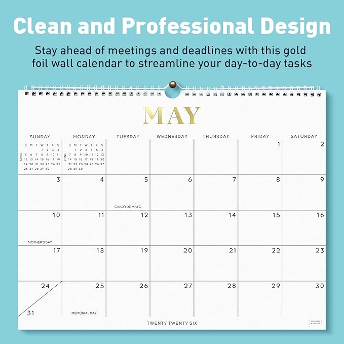 S&O Gold Foil Wall Calendar from January 2026-June 2027 - Tear-Off Monthly Calendar - 18 Month Academic Wall Planner - Hanging Organizer to Track Anniversaries & Appointments - 13.5"x10.5”in