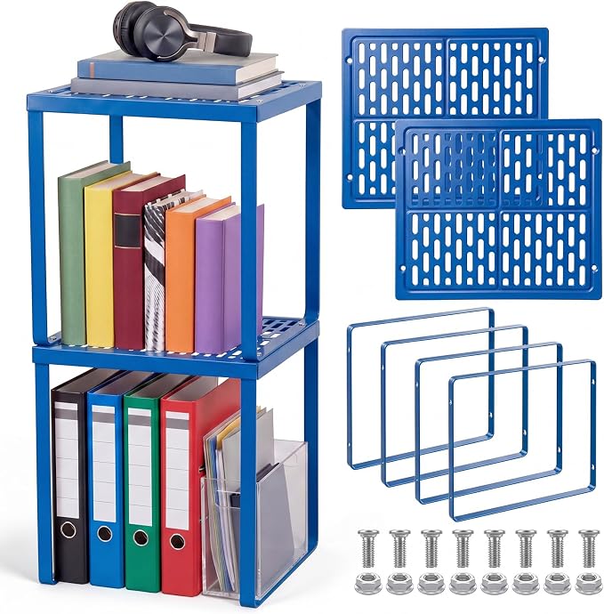 Colarr 2 Pcs Locker Organizer Shelf Stackable 2-Tier Shelves Fits Standard Size School Lockers Heavy Duty Metal Locker Shelf for School Office Gym Lockers Home Storage 11x 10 x 12 Inch(Deep Blue)