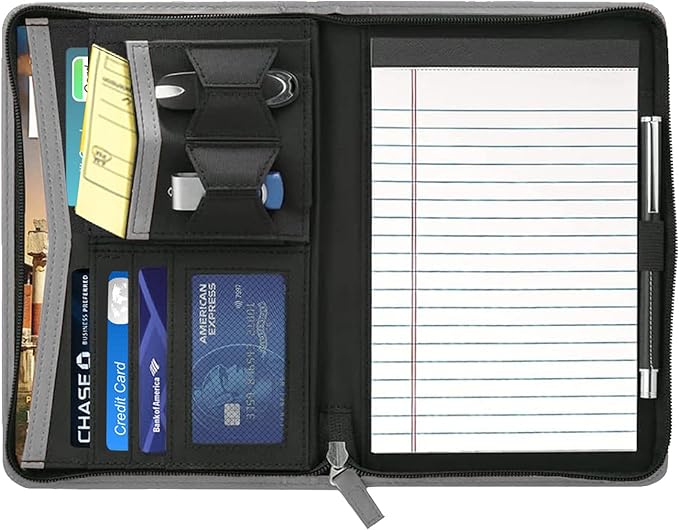 Junior Business Padfolio - A5 PU Leather Portfolio Binder & Zippered Binder Folder with 5 x 8 Writing Pad and Interior Storage Pocket Executive Business Organizer for Men Women,Gray