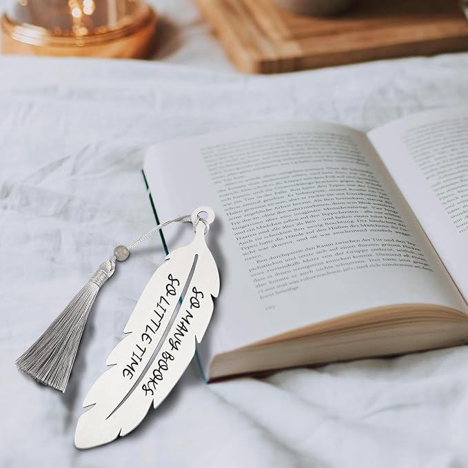 “So Many Books So Little Time” Quote Bookmark Gifts, Inspirational Reading Gifts for Book Lovers, Teachers, Students, Librarians, Women Men Readers, Feather Metal Bookmark with Tassel VBK210