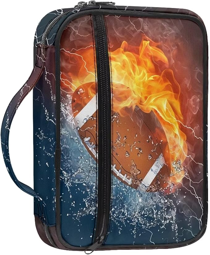 Ice Fire Rugby Football Printed Bible Covers for Men Large Size Bible Tote Bag Bible Carrying Case Bible Book Protective Bag with Handle and Zippered Pocket Church Accessories