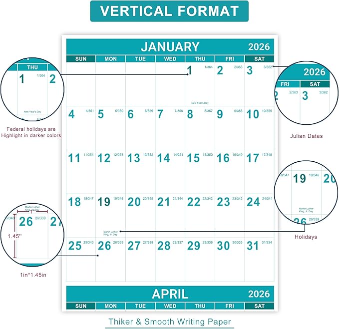 2026 Calendar - Yearly Wall Calendar 2026, Jan.2026 - Dec.2026, 34.3" x 22.8"(open), 2026 Wall Calendar with Thick Paper, One Page for Organizing, Vertical, Round Stickers - Green