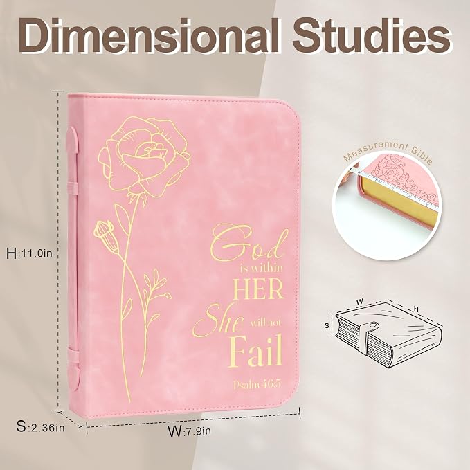 Bible Cover for Women, Bible Holder, Bible Cover Carrier Carrying Organizer Bag, God is Within Her She Will Not Fall, Zipper and Pockets for Standard Size Bible, Gift for Women(Pink-glod)