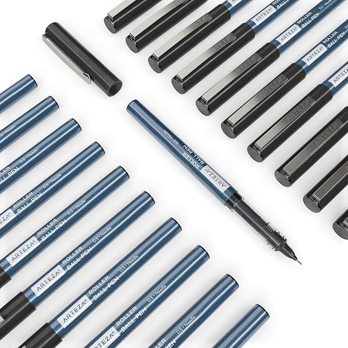 ARTEZA Rollerball Pens, Set of 20 – Extra Fine 0.5 mm Needle Tip Black Ink Pens for Precise Writing, Sketching, Journaling & Daily Use