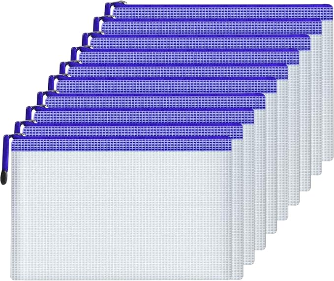 Mesh Document Bag Set of 10, Waterproof Zipper Pouch / A4 Size Zip File, for Household Daily Storage School Office M-D-2B (White, A4 (13.5×9.5 Inch))