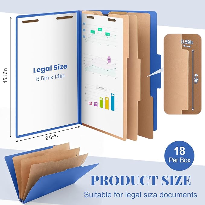 AmazingSpark 18 Pcs 3 Dividers Legal Size Classification Folders Bulk Pressboard File Folder with Expansion 2 Prongs Fastener Heavy Duty Office File Organizer for School Hospitals Home (Dark Blue)