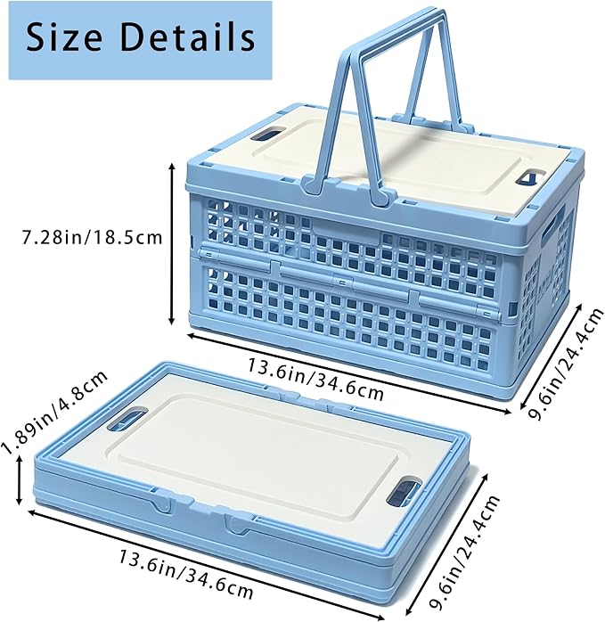 Collapsible Storage Crate with Lid, Folding Crates Bins, Stackable Plastic Storage Baskets with Handle for Home Organization, Office, Picnic, Camping, Groceries, Car Trunk(13.6x9.6x7.28 Inch, Blue)
