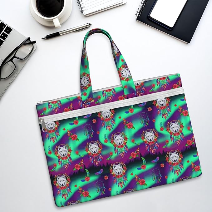 Zippered Canvas File Organizer Briefcase Dream Catcher Boho Wolf, Waterproof Document Bag with Handle for Travel Office Cross Stitch