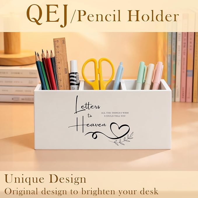 Letters to Heaven Pen Holder for Desk, Sympathy Gifts for Loss of Loved One, Remembrance Bereavement Gifts Wooden Box Pencil Pen Organizer for Home Office Desk Tabletop