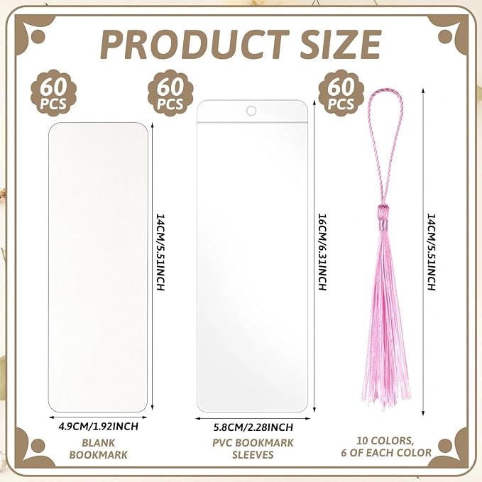180pcs Kraft Paper Blank Bookmarks,60pcs Make Your Own Watercolor Paper Bookmarks,with 60pcs Clear Bookmark Sleeves,60 Tassels in Ten Colors,for DIY Crafts and Gifts