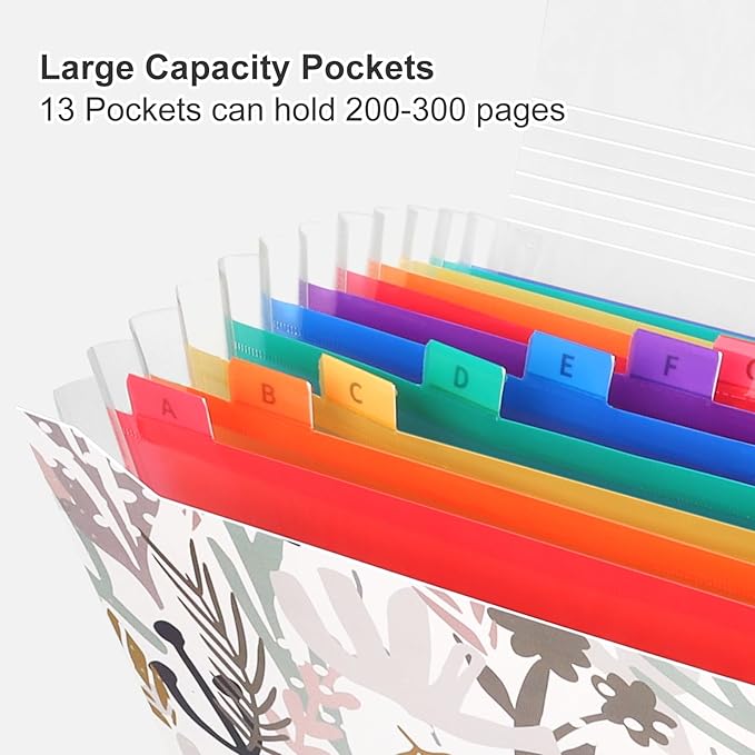 Uquelic 13-Pocket Expanding File Folder, Accordion File Holder with Elastic Buckles Closure – Holds Letter/A4 Size Documents, Floral Printed Accordion Folder, School Office Supplies(Seagrass Print)