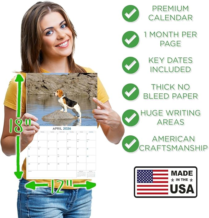 2025 2026 Beagle Calendar - Dog Breed Monthly Wall Calendar - 12" x 18" Open - Thick No-Bleed Paper - Giftable - Academic Teacher's Planner Calendar Organizing & Planning - Made in USA