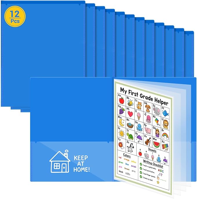 12 Pcs Take Home Folders for Elementary Students,Back to School 2 Pocket Folders with Clear Front Pocket 4 Inner Pockets,Plastic Parent Teacher Communication Folder 11.81 x 9.45 Inch (Blue)