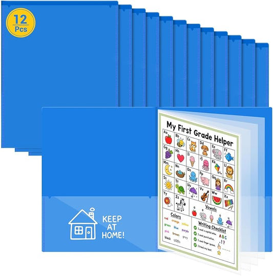 12 Pcs Take Home Folders for Elementary Students,Back to School 2 Pocket Folders with Clear Front Pocket 4 Inner Pockets,Plastic Parent Teacher Communication Folder 11.81 x 9.45 Inch (Blue)