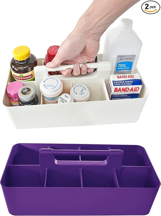 Portable Caddy Organizer -2 Stackable Plastic Caddy with Handle | Desk, Makeup, Dorm Caddy, Classroom Art Organizers (Made In Usa) (Ivory/Royal Purple)