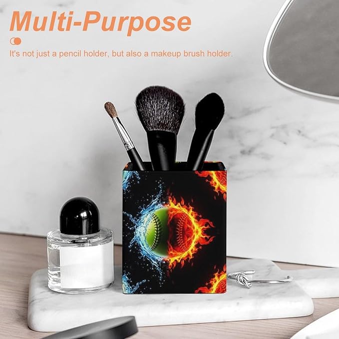 Women's Fashion Pencil Pen Holder Cup, Waterproof Office Supplies, Waterproof Multifunctional Office Supplies Ice Water Fire Flame Softball Baseballs
