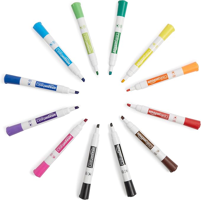 Amazon Basics Dry Erase Whiteboard Markers, Chisel Tip, Low-Odor, Assorted Colors, 12-Pack, Erase Easily