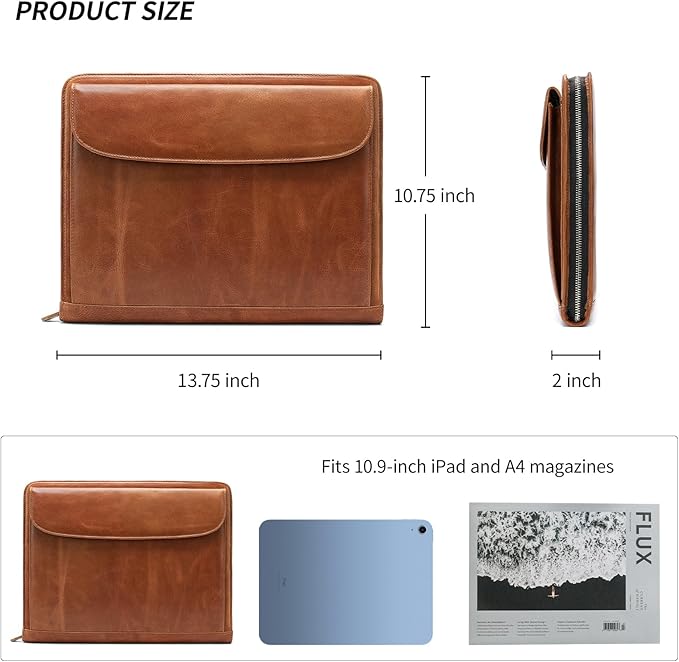 Genuine Leather Portfolio for Men Women Zipper Business Resume Padfolio Organizer Binder A4 Meeting Folder13 inch brown