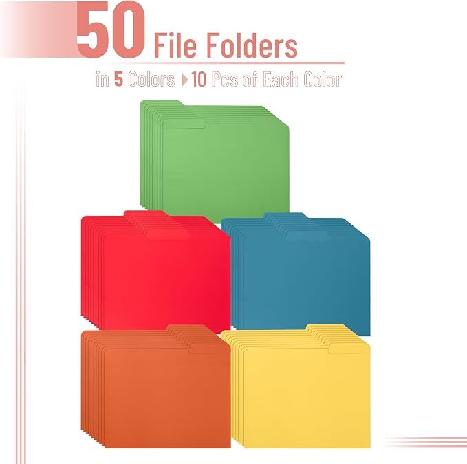 Mr. Pen- File Folders, 50 Pack, 1/3-Cut Tab, Vibrant Earthy Spectrum, 5 Assorted Colors, Letter Size, Office Supplies File Folders