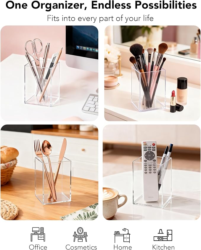 Clear Acrylic Pen Holder, Acrylic Makeup Brush Storage Organizer, Pencil Pen Holder for Desk, Modern Desktop Accessories for Office School Home Supplies