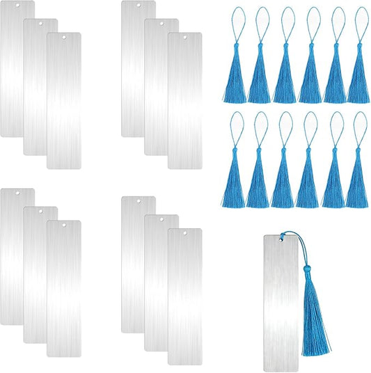 12 Pcs Metal Blank Bookmark Craft Tag 5.12 Inch Metal Craft Bookmark Sublimation Bookmark with Tassel for Reading Office Supplies and Present Tags