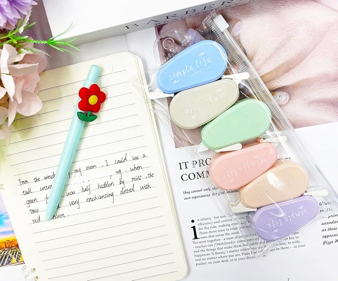 LOPURO White Out Correction Tape, 6Pcs Cute White Out Tape Pastel Color Correction Tape Eraser Easy to Use Applicator Instant Corrections for School Office Home Supplies (Simple)